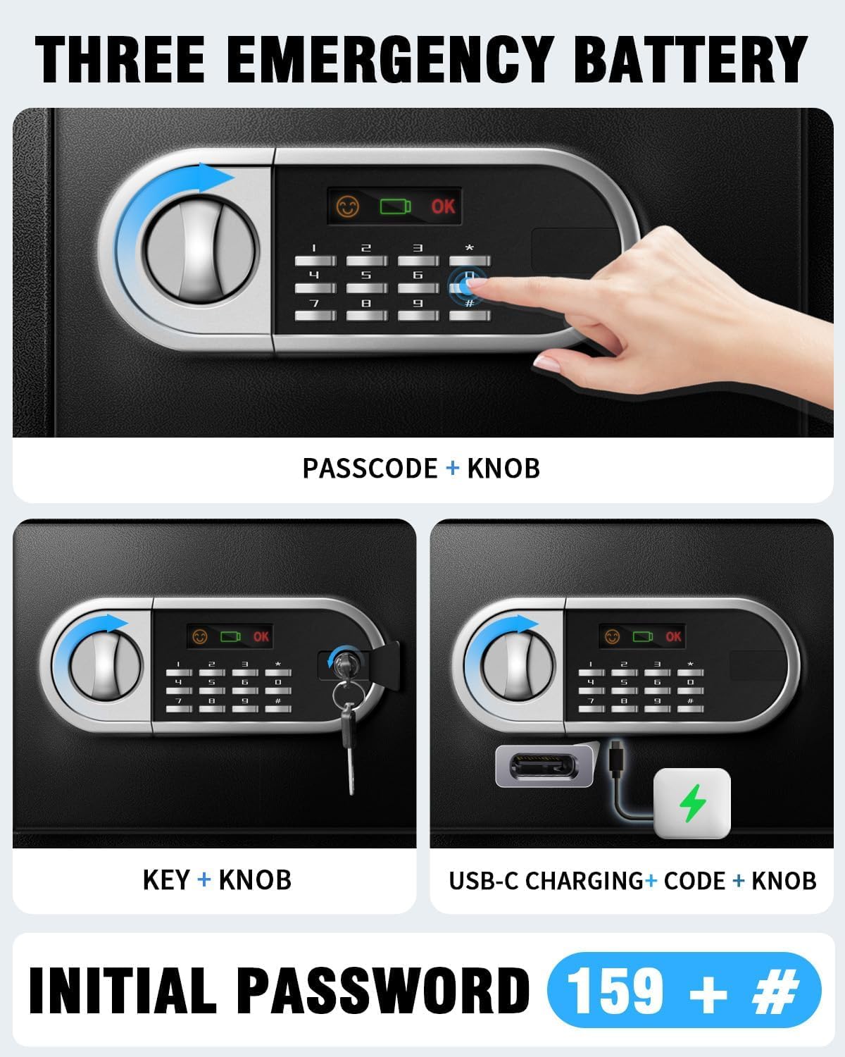 Coffre-fort numérique ignifuge de 2,5 m³ avec accès d'urgence USB-C, capteur lumineux LED et doublure intérieure douce pour documents, espèces, passeports et bijoux