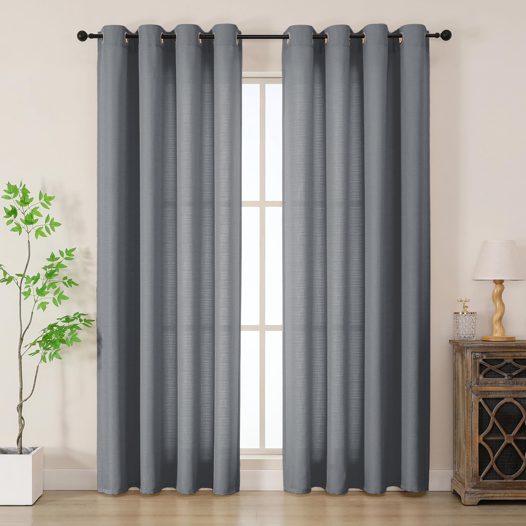 Simplebrand Grey Faux Linen Texture Curtain 200 CM Drop, Privacy Curtain for Living Room/Bedroom/Patio Door, Lightweight Semi Translucent Panels with Elegant Eyelet Top, Set of 2, W140 x H 200 CM โ image 1