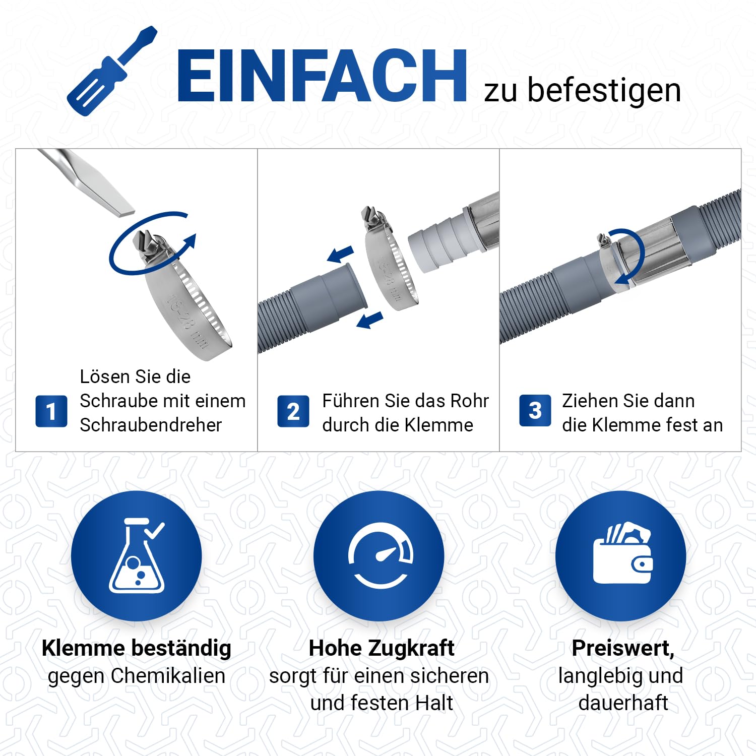 VIOKS Zestaw elastycznych ściekowych węży do zmywarki 3 m 19/22 mm Ø + 2 x zaciski obejmy + 1 x łącznik węża + 1 x łuk mocujący + wąż odpływowy