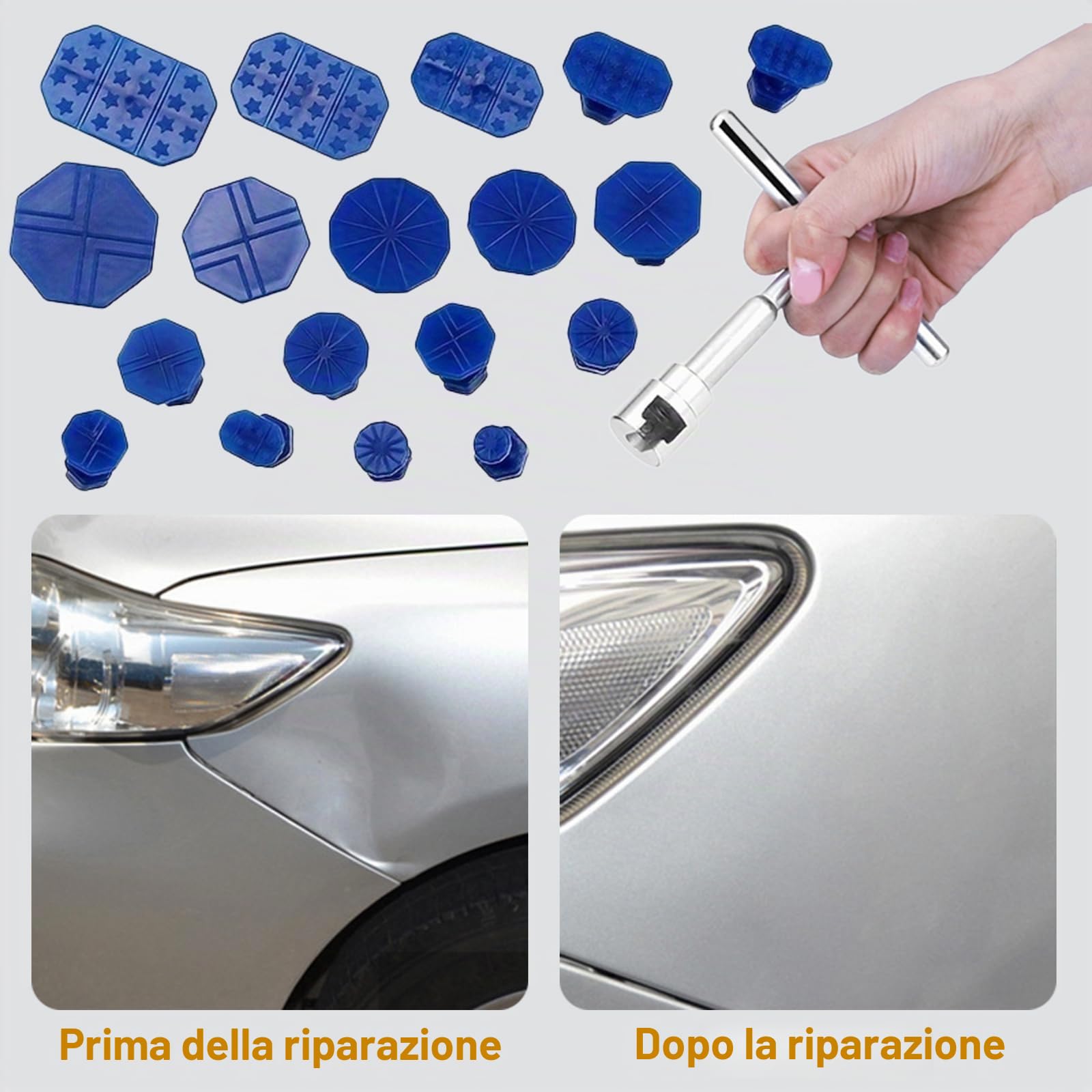 Zephyra Kit Rimozione Ammaccature Auto con T-Bar e 18 Ventose – Attrezzo Levabolli per Carrozzeria, Danni da Grandine – Riparazione Senza Verniciatura per Auto, Moto, Elettrodomestici