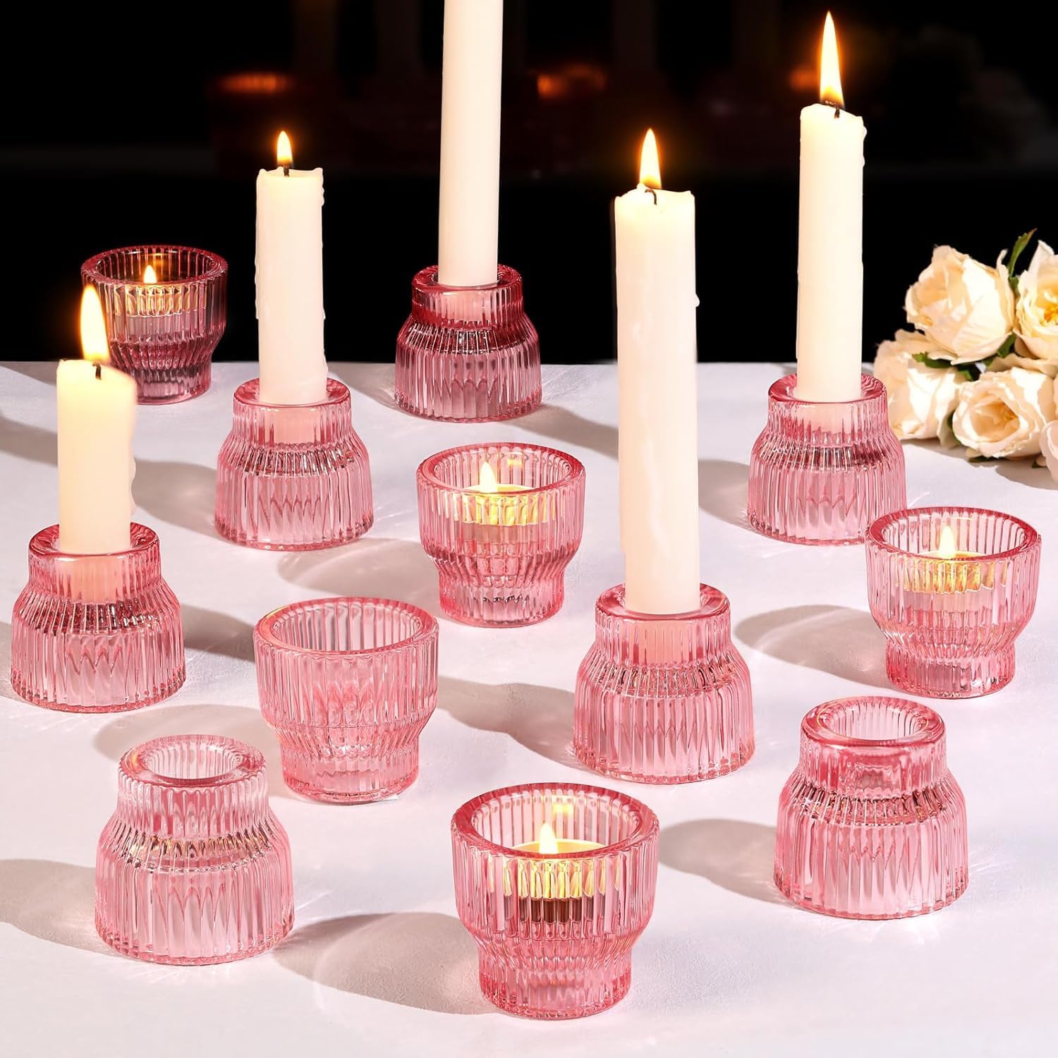 12 portacandele conici rosa, portacandele in vetro, portacandele per lumini, centrotavola per matrimoni, decorazioni da tavola, portacandele votivi per feste e decorazioni per la casa