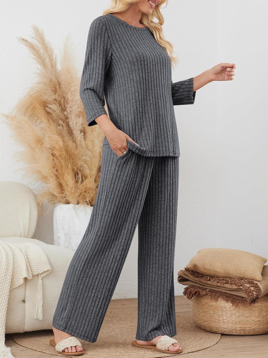 LILLUSORY Womens 2 Piece Lounge Sets Pajamas Matching Outfits 2026 3/4 Sleeve Fall Clothes Vacation Comfy Casual Sweatsuits - Image 3