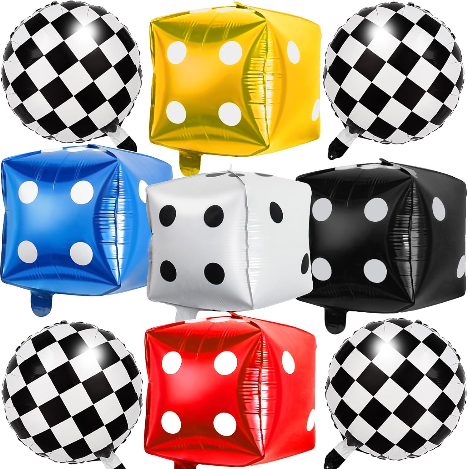 22"Checkered Dice Balloons 9-Pack (4 Matte Black White & 5 Glossy 4D Casino) - Foil Balloon for Poker Night, Vegas Bachelor Party, Game Decor – Birthday Graduation Supplies (Style-1)