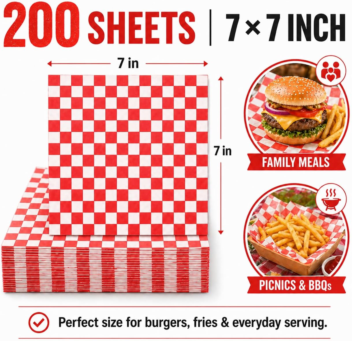 200Pcs Food Basket Liners, 7 x 7", Grease Resistant Wax Paper for Food