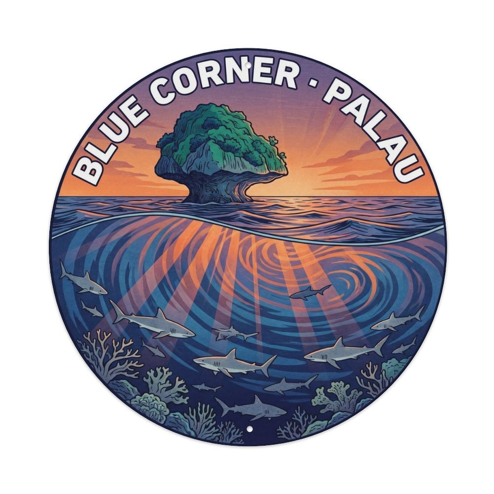 Olyhtr 8X8inch Classic Style Woodblock Palau Blue Corner Dusk Reef Diving Metal Tin Sign