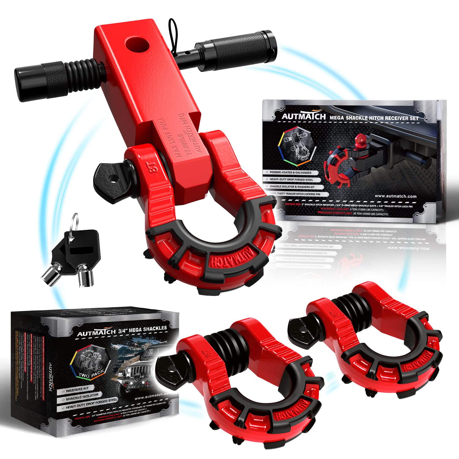AUTMATCHMega Shackles 3/4 D Ring Shackle and 2" Shackle Hitch Receiver with 5/8" Trailer Hitch Lock Pin, 68,000 Lbs Break Strength Heavy Duty Receiver Kit for Vehicle, Simply Red
