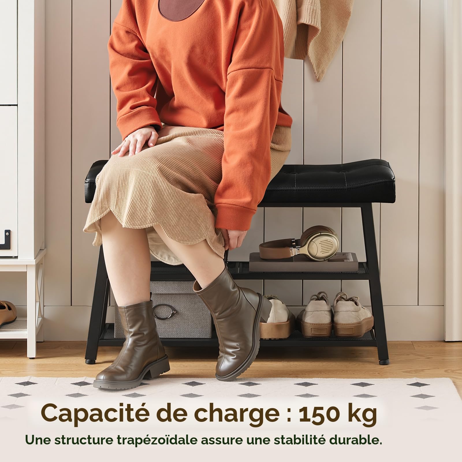 YATINEY Banc à Chaussures Avec Siège Rembourré PU - Porte-Chaussures 2 Niveaux - Meuble Entrée Marron Et Noir