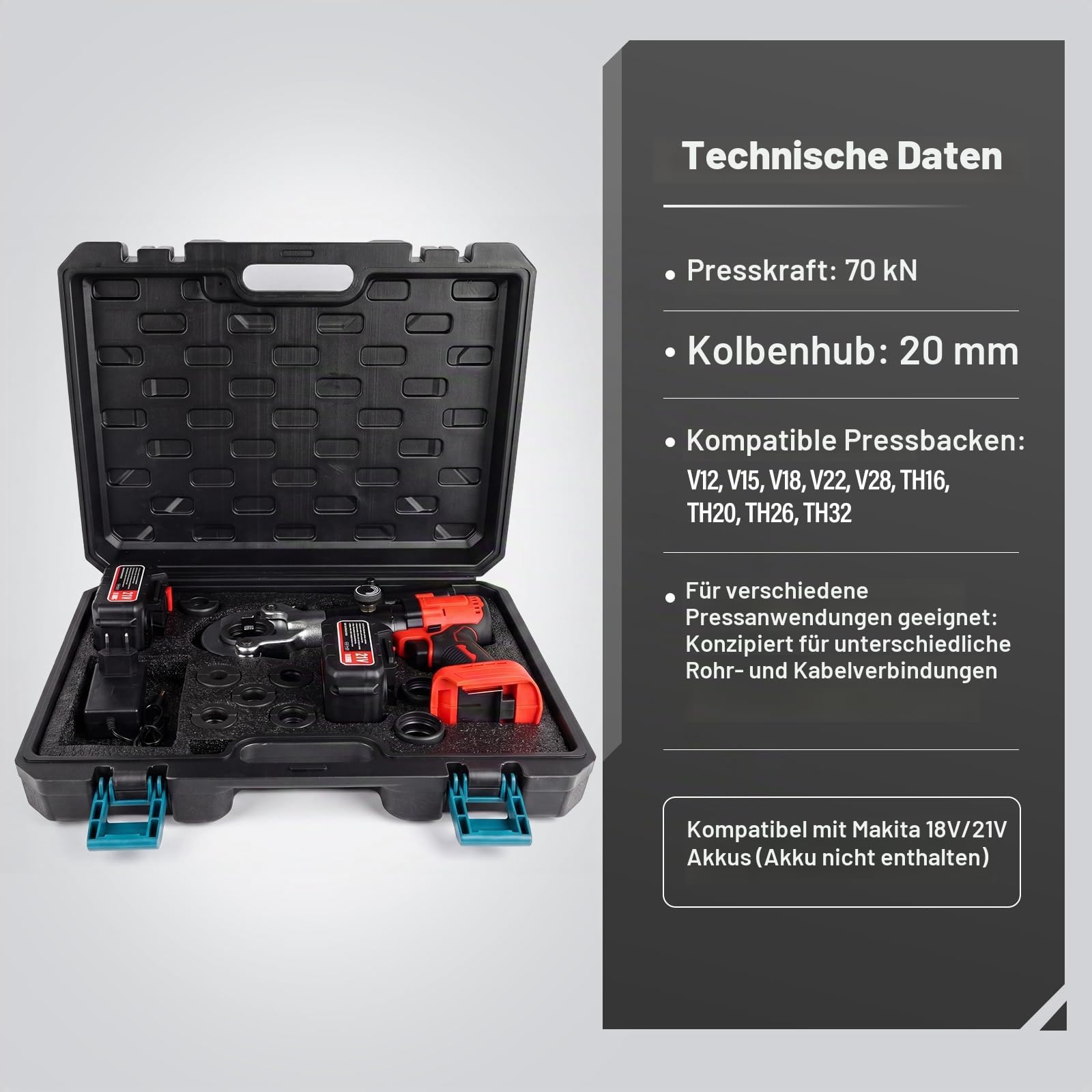 Akku Rohrpresszange 70kN Presswerkzeug Mit 9 Pressbacken