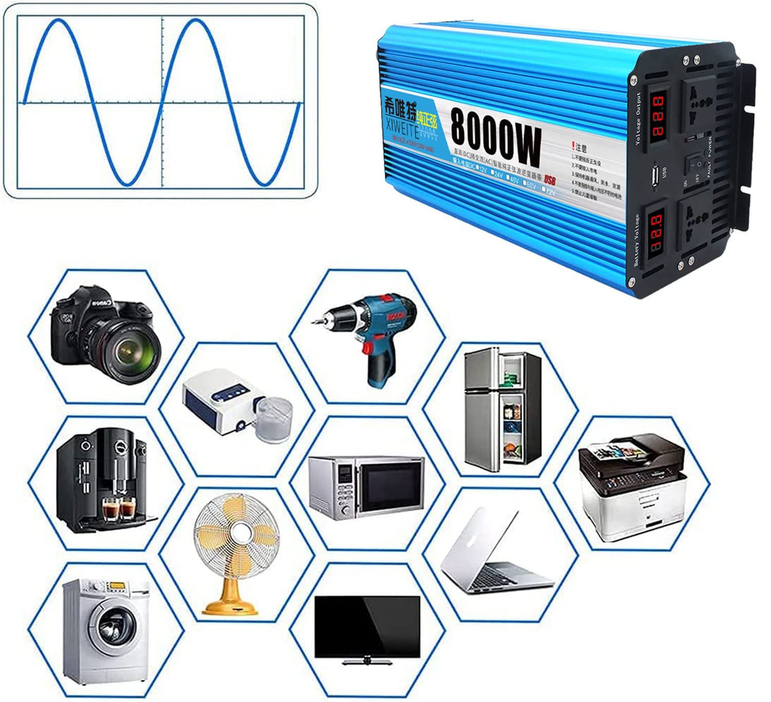 6000 W 7000 W 8000 W 9000 W 10000 W High Power Czysta fala sinusoidalna Przetwornica mocy DC12V/24V na AC 220V z podwójnymi gniazdami AC i wyświetlaczem LED do ciężarówki RV, łodzi,10000W-12Vto220V