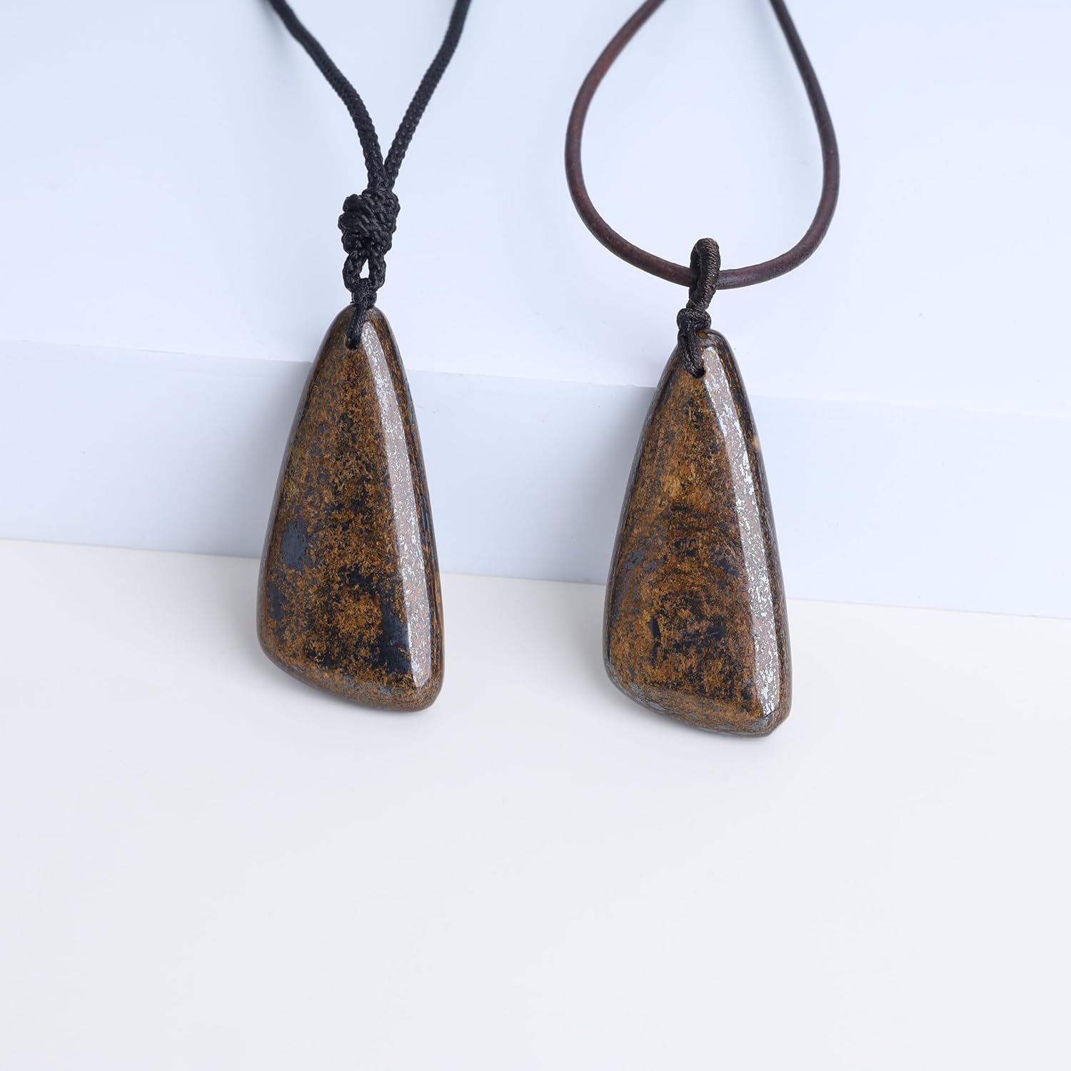 COAI Bronzite Necklace for Men, Teardrop Pendant Adjustable Nylon Cord/Genuine Leather Necklace for Men