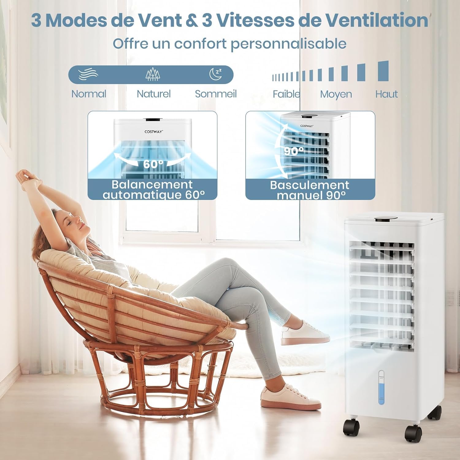 RELAX4LIFE Rafraîchisseur d'Air Silencieux Mobile | 3 en 1 Refroidisseur d'Air Humidificateur Ventilateur | 3 Vitesses 3 Modes | Réservoir 2,8L | 4 Blocs Réfrigérants | Oscillation | Faible Conso
