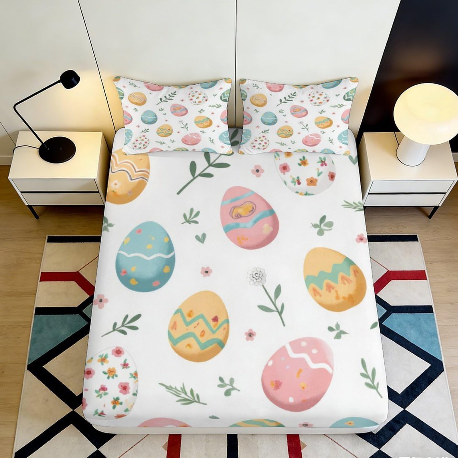 3D Printed Easter Pattern Fitted Sheet Microfiber Deep Pocket Bedding Easter Mattress Fitted Cover Non-Slip Full Wrap for Adults Teens 180x200x25cm