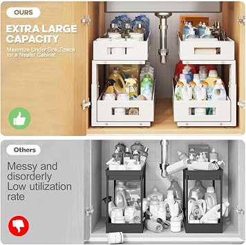 2 Packs 21IN Depth Under Sink Organizer, 2-Tier Pull Out Cabinet Organizer With Smooth Circular Rail, Large Capacity Metal Mesh Sliding Drawers For Bathroom& Kitchen Storage,Height Adjustable White