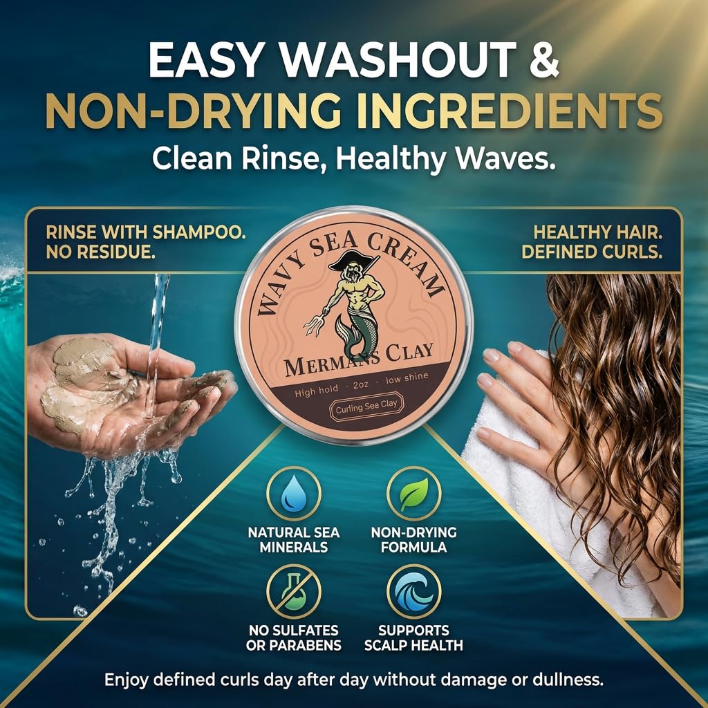 Mermans Curling Sea Clay, for Defined Waves & Texture, Natural Hold, Adds Volume & Shine to Curls, Adds Volume & Shine, Curl Defining Cream for Curly & Wavy Hair