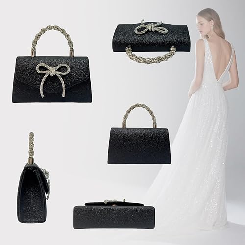 Miniatura 8 de Bolso de noche para mujer, embrague de lazo brillante, bolso formal de embrague de diamantes de imitación de boda adecuado para fiestas Negro