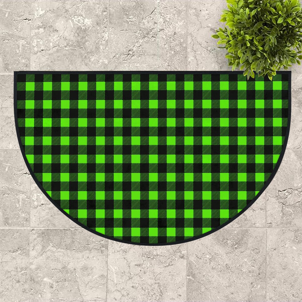 Mexpekil Paillasson demi-lune à carreaux vert vif et noir, pour intérieur et extérieur, antidérapant, lavable, absorbant, anti-saleté, 100 x 160 cm