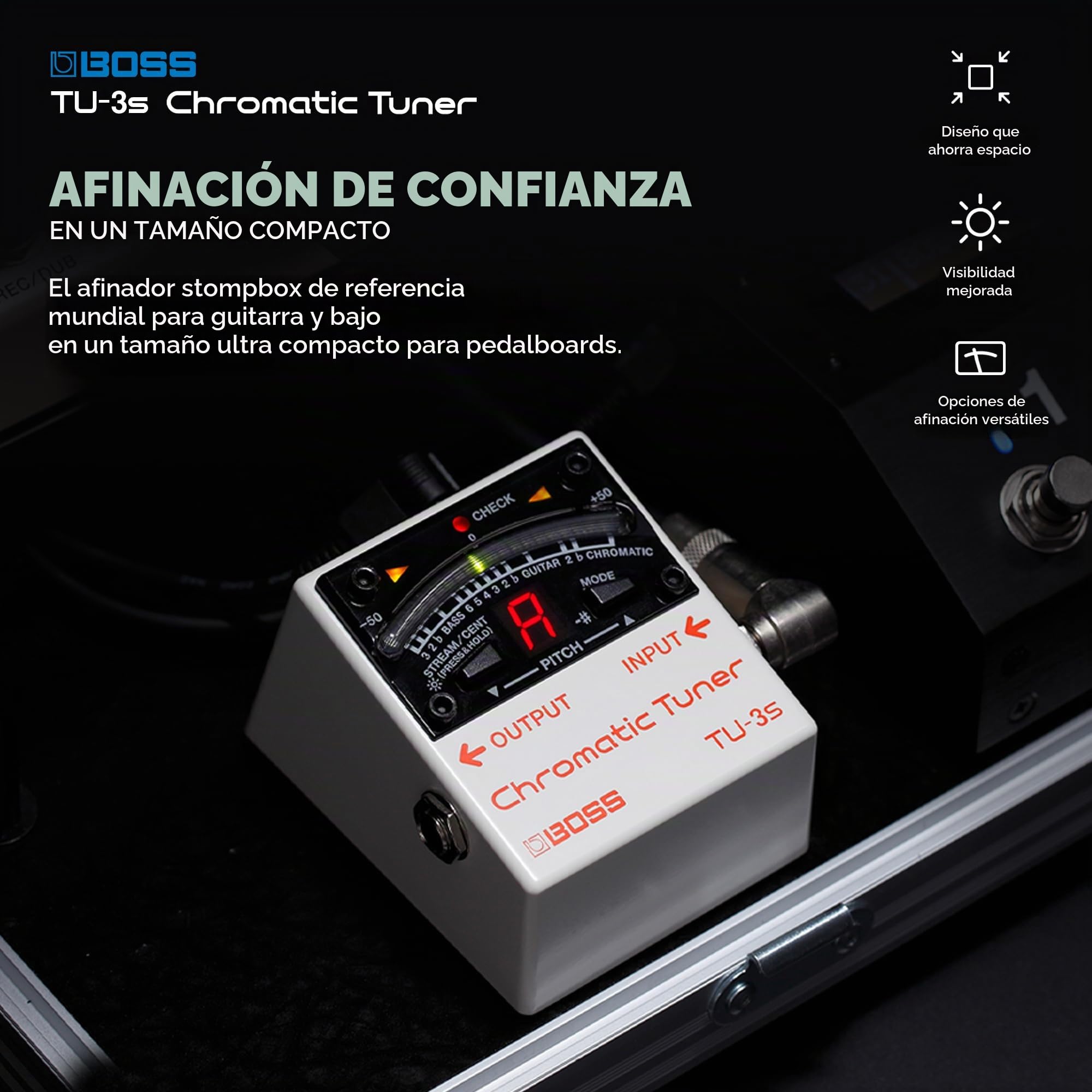 Afinador cromático compacto para pedalera BOSS TU-3S | Excelentes prestaciones en formato diminuto | Afinación de precisión para guitarra y bajo | Indicador LED de 21 segmentos