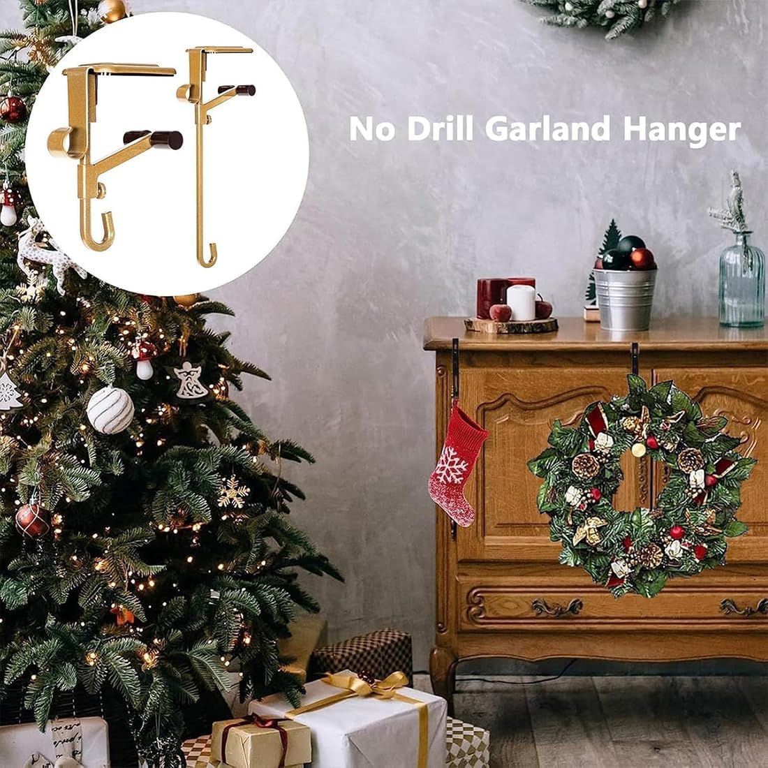 Fireplace Stocking and Garland Hanger, 2025 New Garland Hanger for Door Frame, 2 in 1 Double Mantel Beforehatched Garlands Clip, Fits 0.5" to 8.5" Mantles, Holds up to 20 LBS (Gold*6PCS)