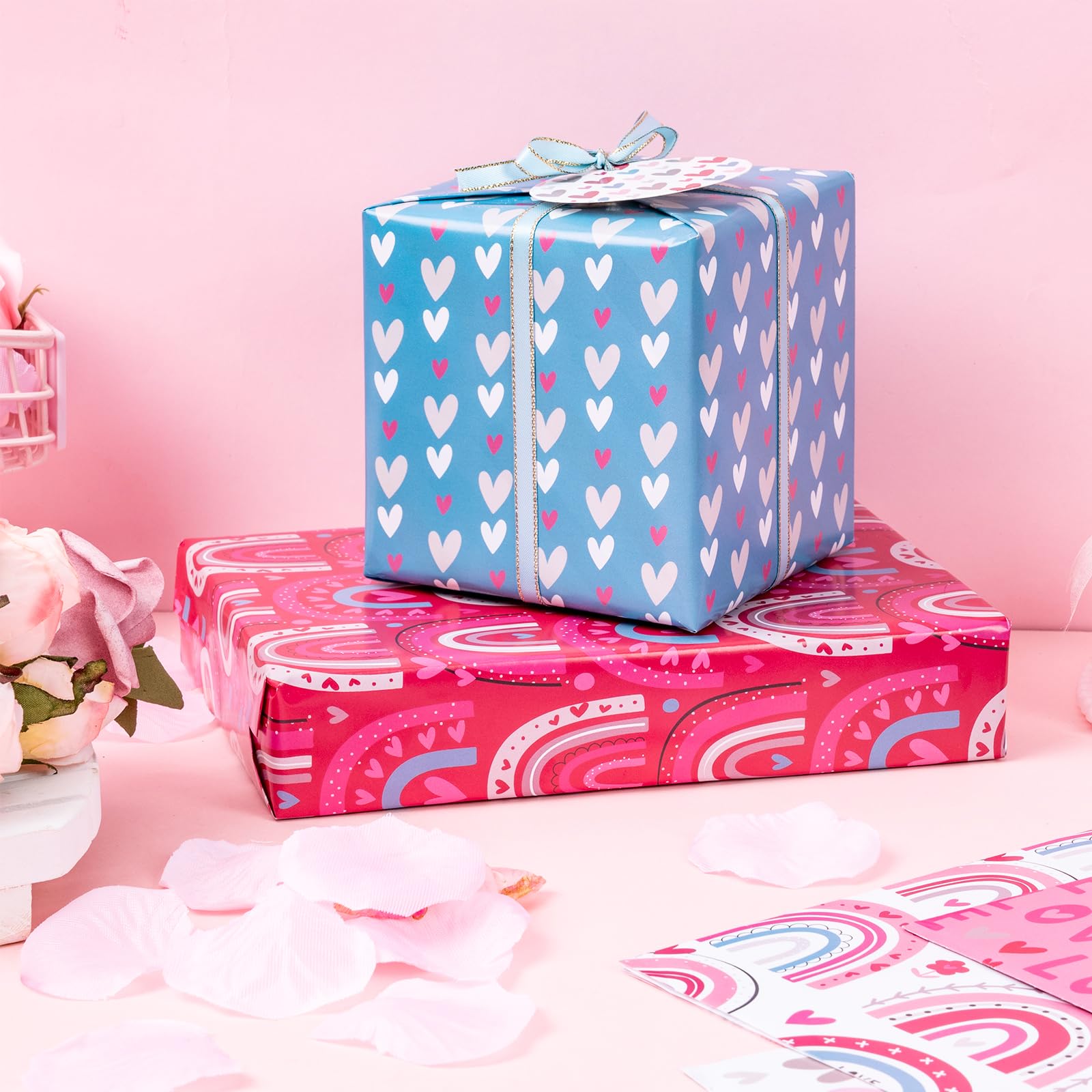 Holijolly Carta Da Imballaggio Olografica A Cuori | 3 Rotoli Mini 43x305 Cm, Rosa/Rosso, Per San Valentino E Matrimoni