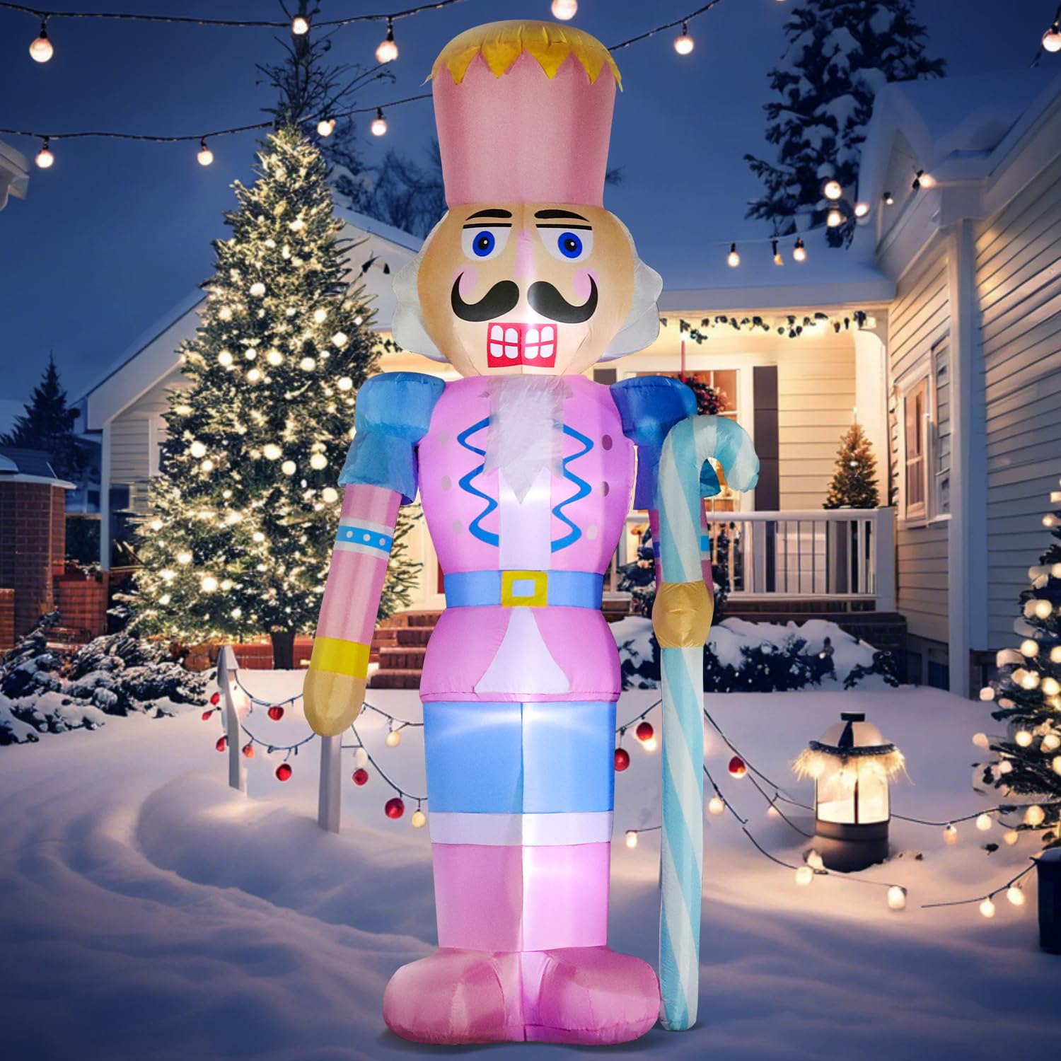 DomKom 12FT Giant Pink Christmas Inflatable Nutcracker Soldier with Candy Cane Built-in LED Lights Inflatable Decorations - Waterproof Outdoor/Indoor Blow Up Holiday Yard Decor: Pink Nutcracker
