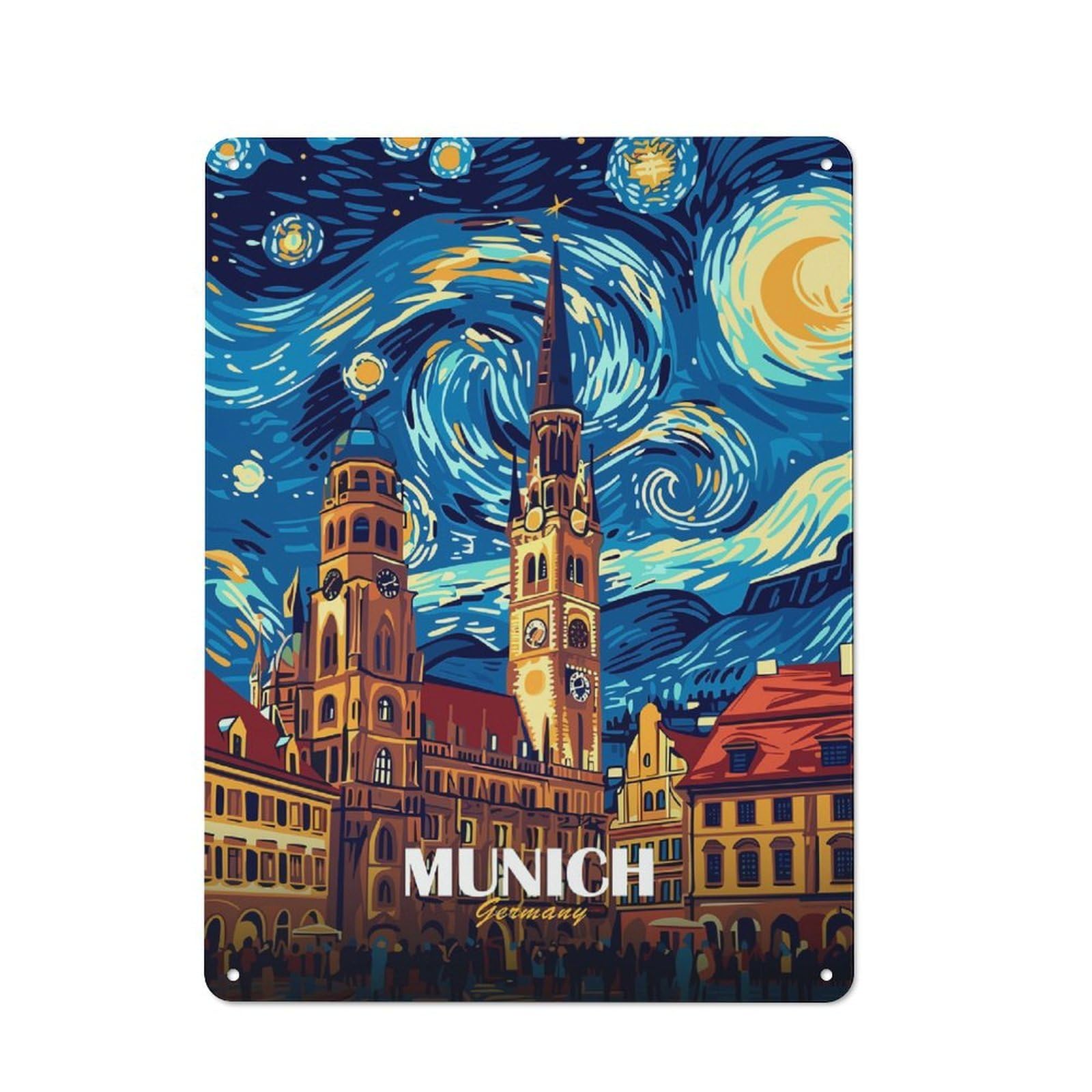 Junmoney Style-24 Munich Germany Cityscape Starry Night Style Rustic Metal Sign 40X30cm For Garden Room Or Summerhouse, For Summerhouse Decorators