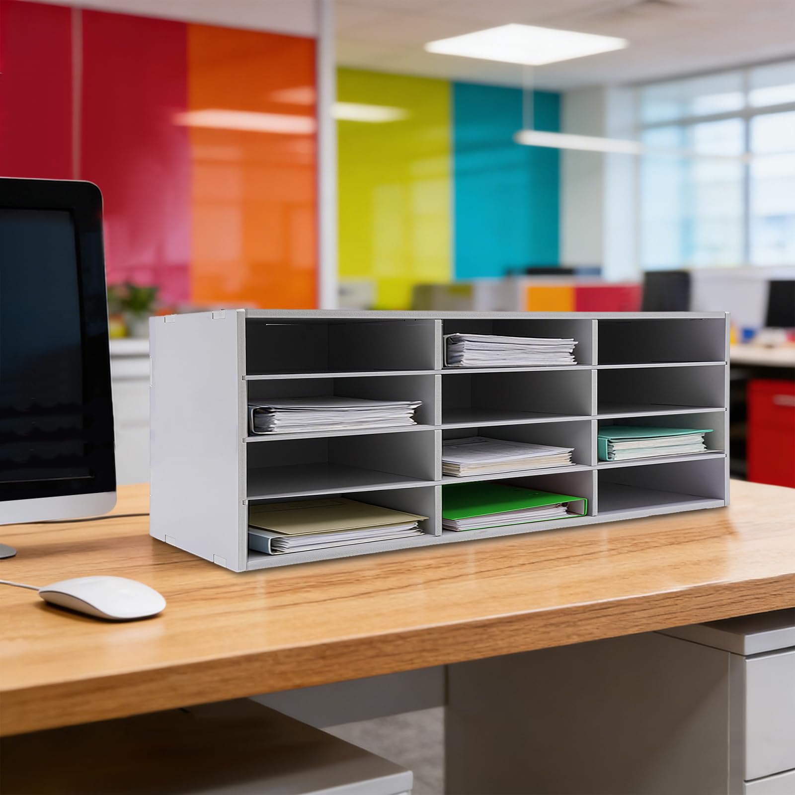 Organizador de 12 casilleros blanco, almacenamiento de documentos 80 x 31 x 30 cm, mueble clasificación, 12 ranuras 4 niveles para oficina, escuela biblioteca, almacenamiento de correo a4 12