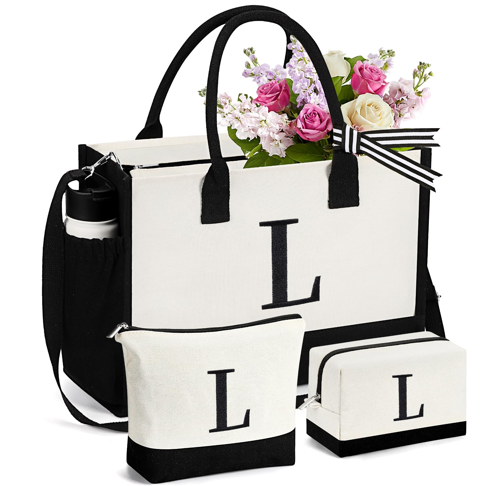 mibasies 1 Embroidered Initial Canvas Tote Bag with 2 Makeup Bags Set, Birthday Gifts for Women