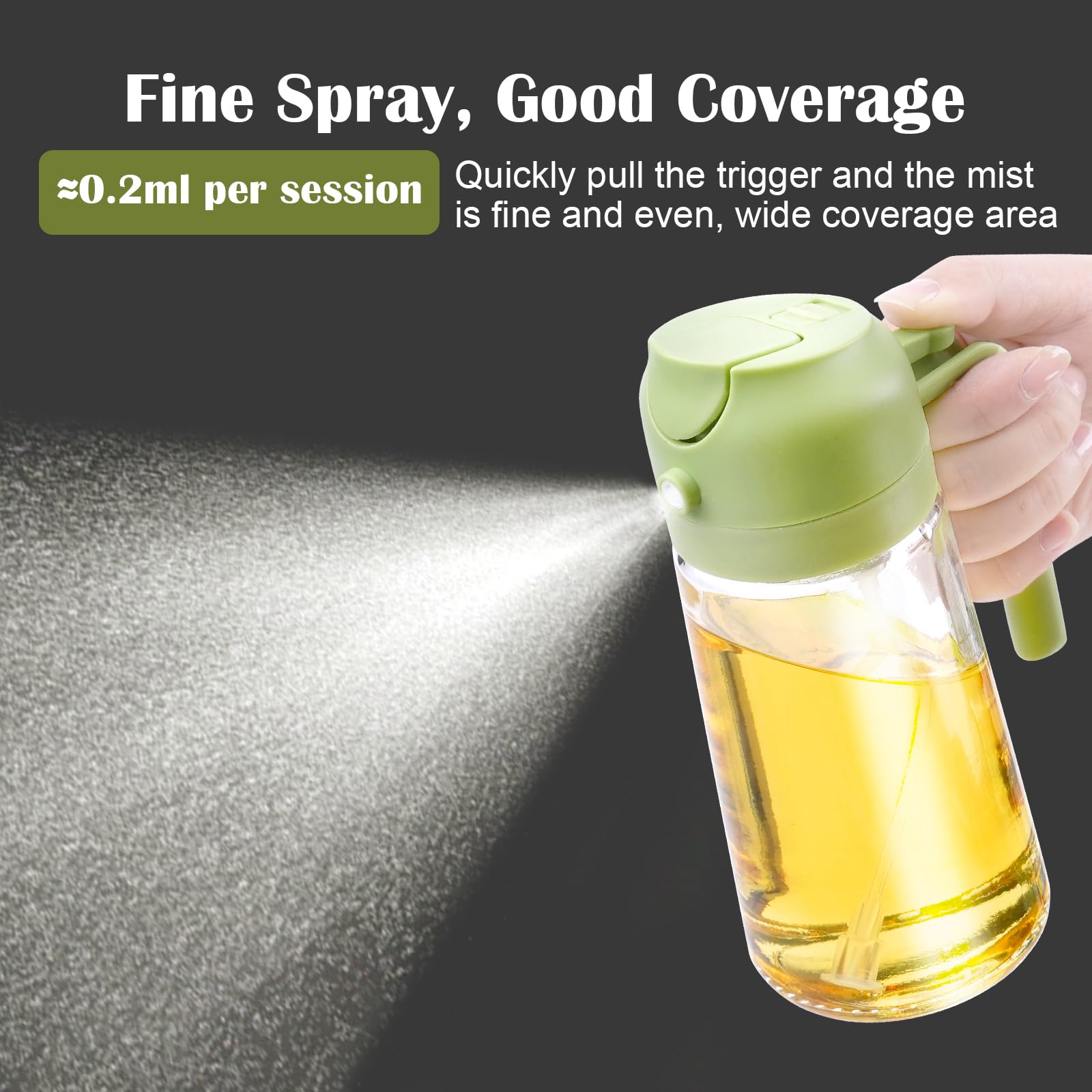 Lifhety Oil Spray Bottle, 2 in1 Olive oil Sprayer Glass 20.3oz /600ml, Dual Feature Cooking Oil Dispenser Vinegar for Kitchen, Air Fryer, BBQ (Green) - Image 2