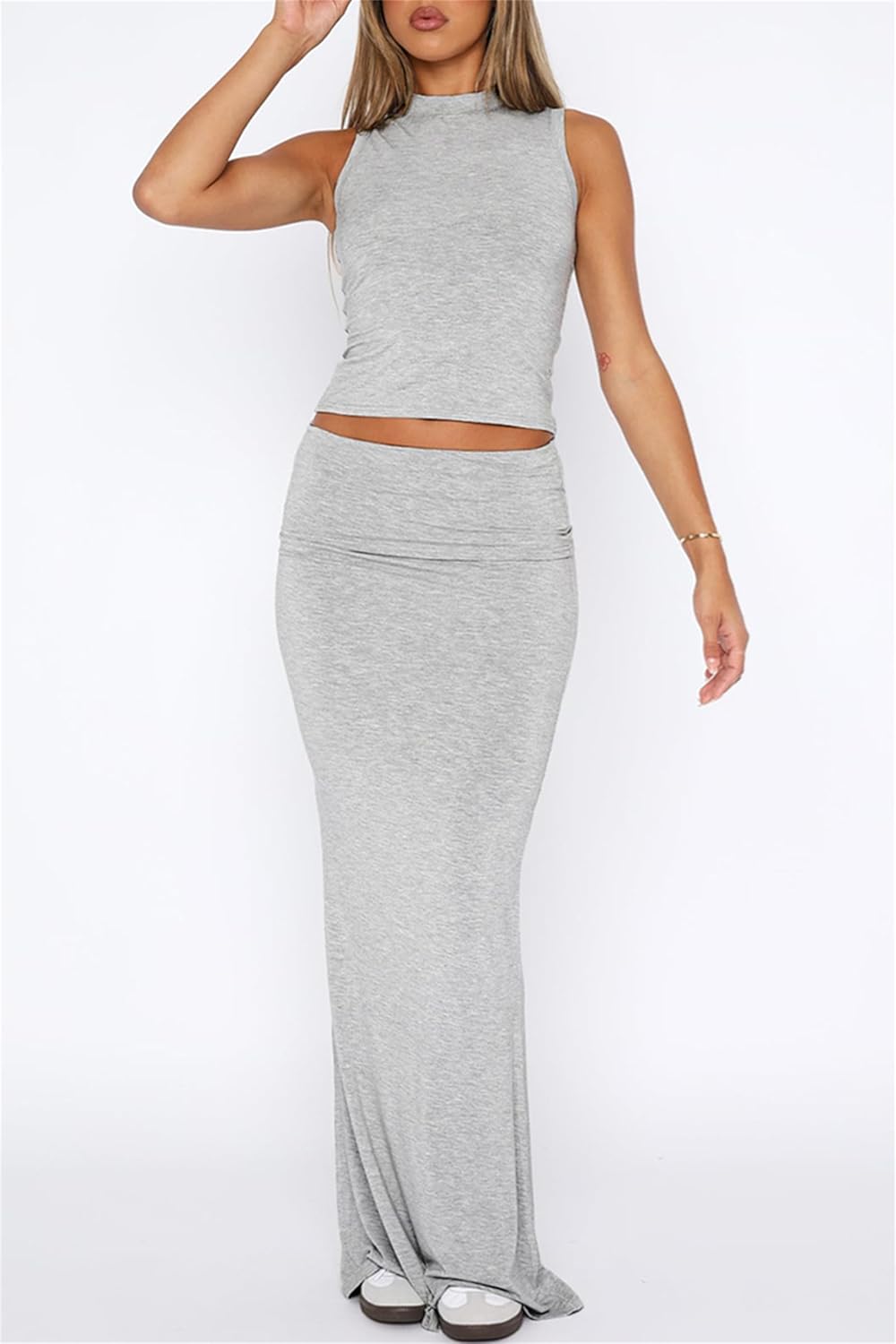 2 Piece Skirt Sets for Women Summer Sleeveless Tank Crop Top Fold Over Bodycon Maxi Long Skirts Y2K Vacation Outfits - Image 3