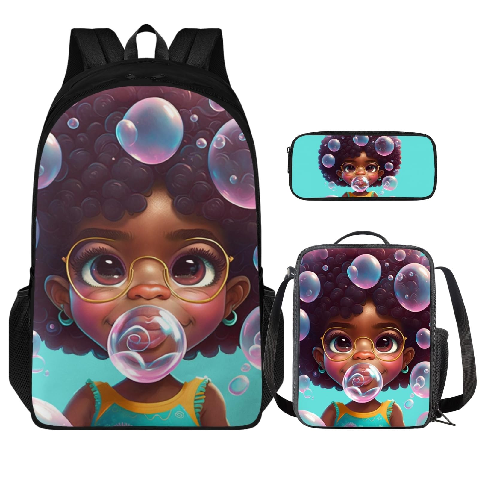 Qnxretky African Black Girl Backpack 3-Pcs for Preschool Elementary Kids School Bag Afro Girl Preppy Book Bag with Lunch Bag and Pencil Pouch for