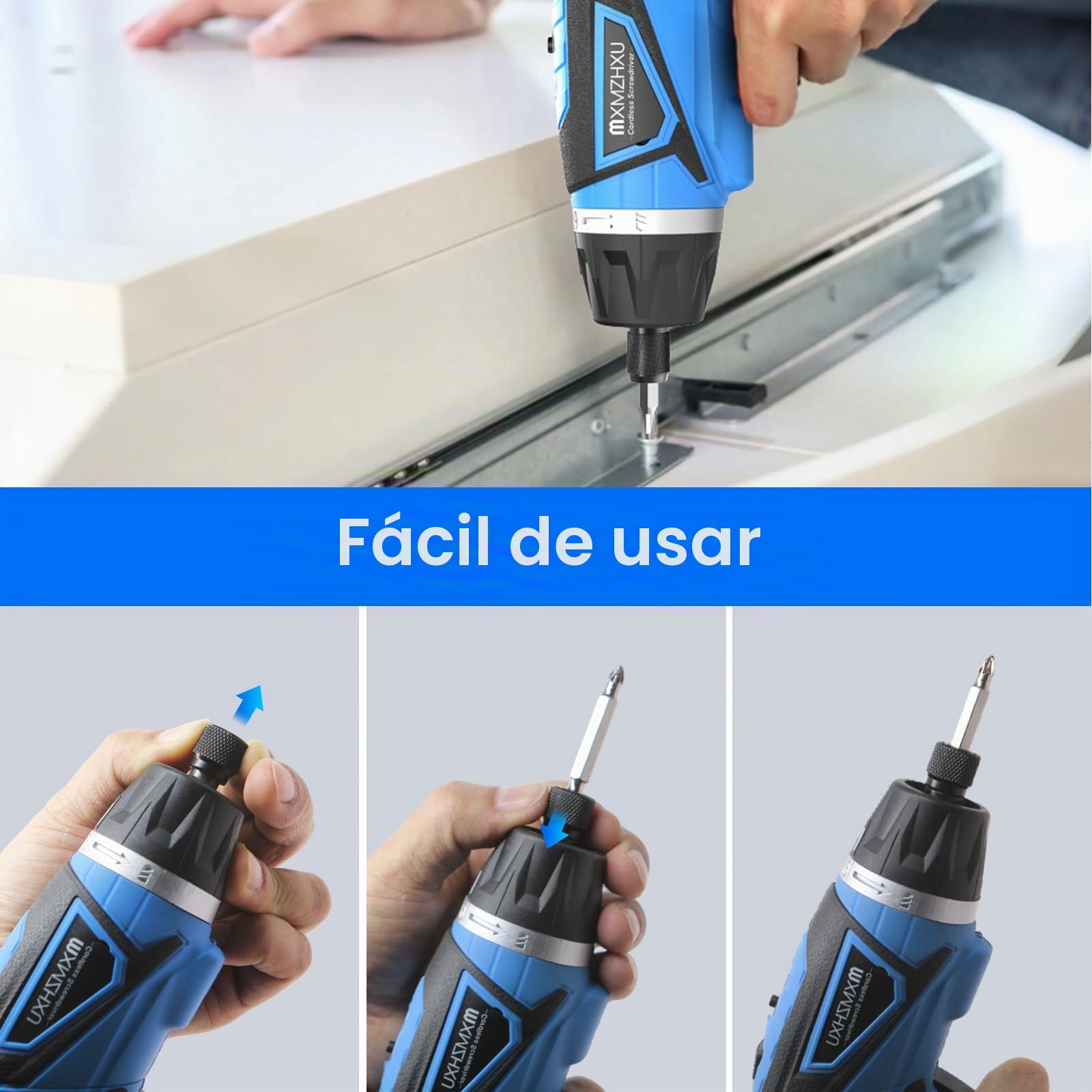 Destornillador inalámbrico de 8 V, kit de destornillador eléctrico con 2 baterías de 2000 mAh, par máximo de 10 N·m, mango giratorio de 180°, luz LED y 47 accesorios, para bricolaje, reparación del