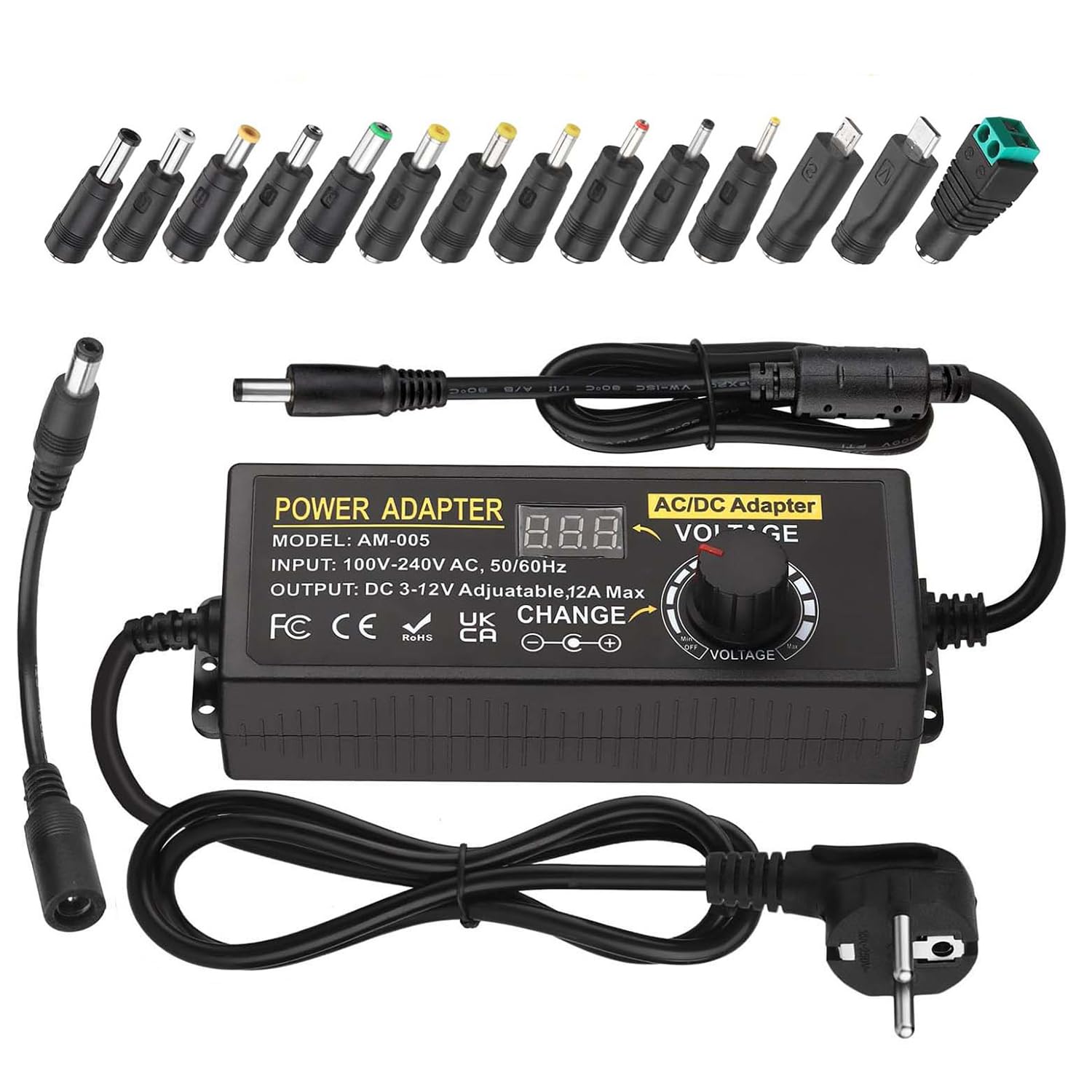 Universal Netzteil 12V 12A, Verstellbarer Netzadapter 3V-12V 144W Einstellbares Netzteil 100V-240V AC to DC 3V 4.5V 5V 6V 7.5V 9V 12V 1A 2A 3A 4A 5A 10A mit 14 DC Steckern