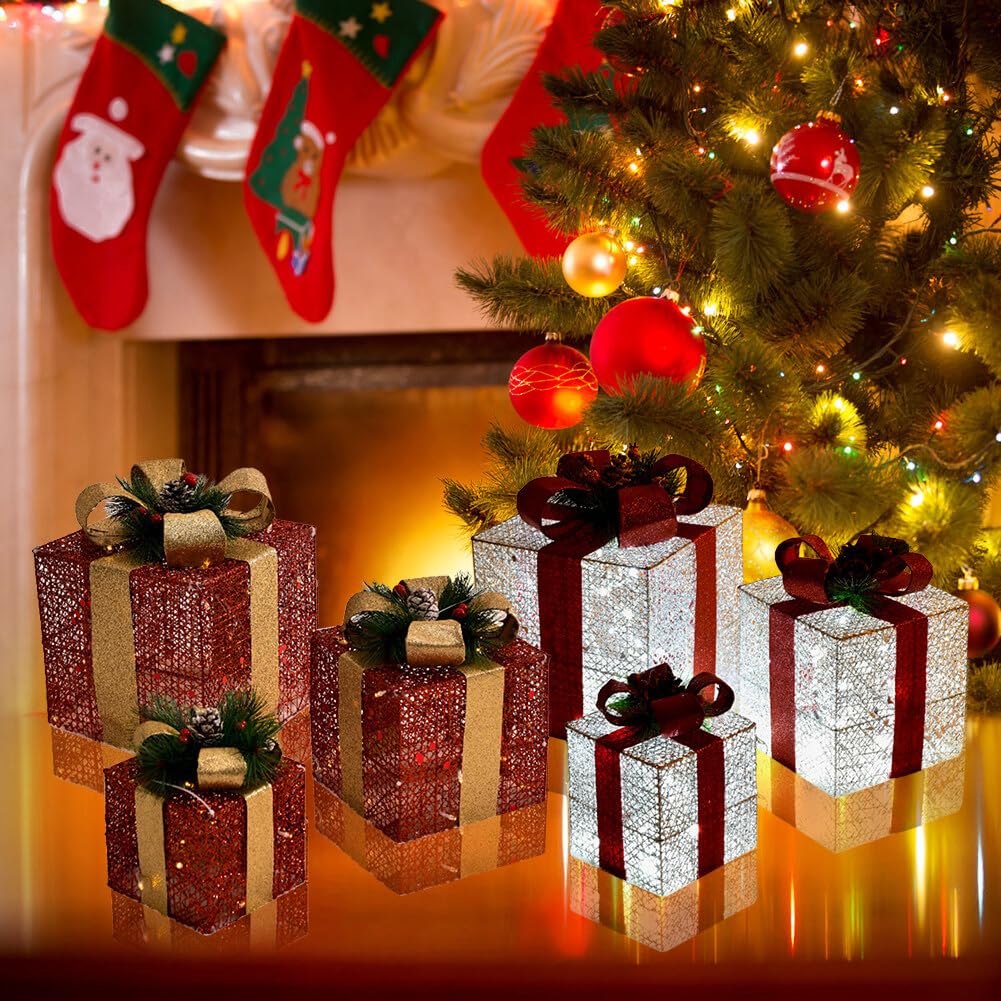 Scatole regalo natalizie illuminate, decorazioni con fiocchi di neve, scatola regalo con fiocco, scatola regalo con stringa per lampada, ornamento per albero di Natale, decorazione per interni ed