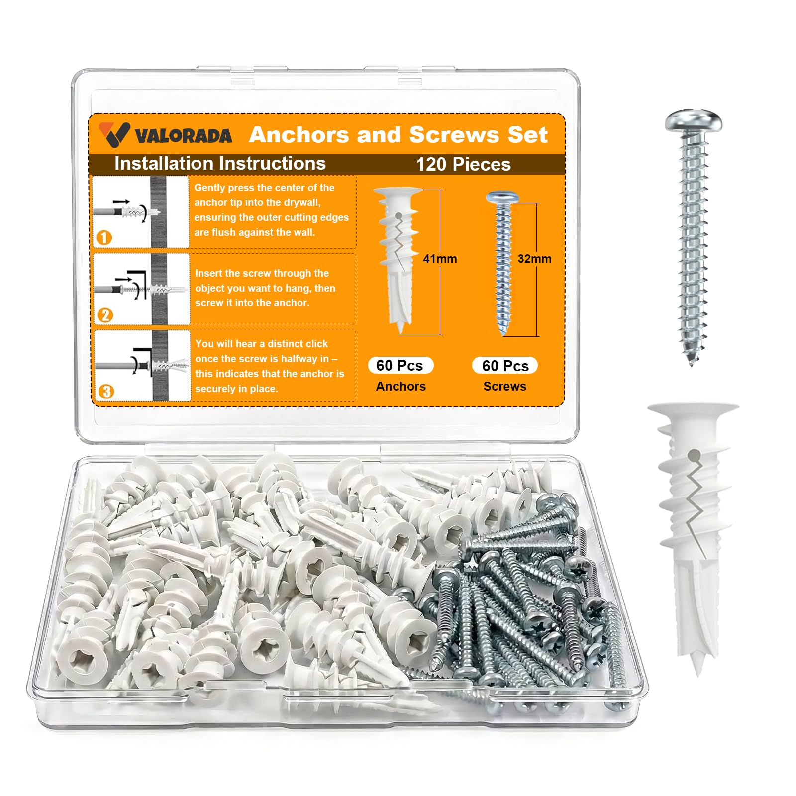 Valorada 120Pcs Plasterboard Fixings and Screws Set, Self Drilling Drywall Anchors with Zinc Plated Screws, No Drilling Required, Wall Plug Fixings for Plasterboard, Drywall & Gypsum Board