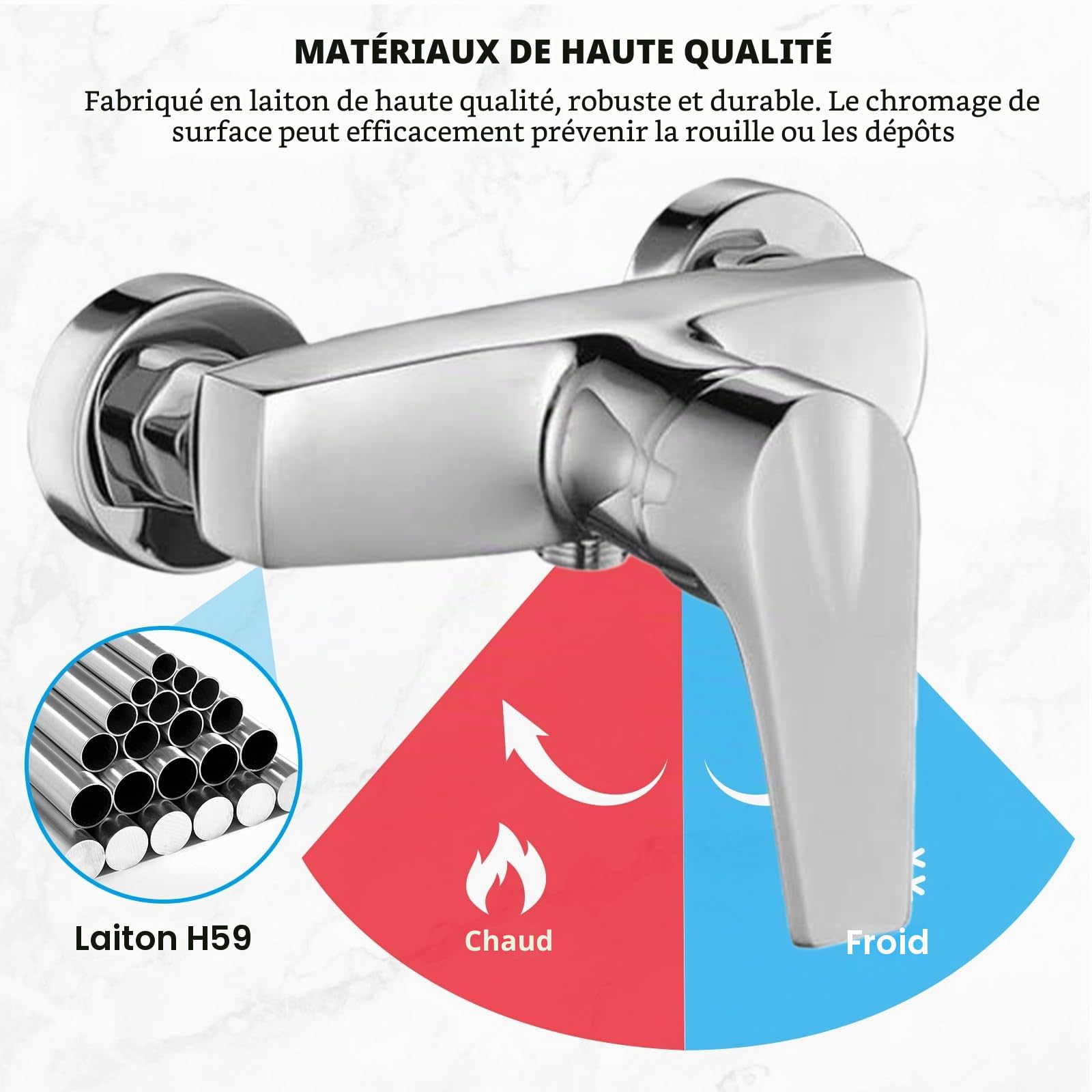 GBKDQQ Robinet de douche mitigeur monocommande : mitigeur douche, robinet de douche montage mural, robinet douche avec bec G ½, robinet pour salle de bain