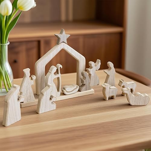 Miniatura 6 de NEROSUN - Juego de escenas de la Natividad, 13 figuras de madera en miniatura de la Sagrada Familia y el pesebre, figuras minimalistas, bohemias