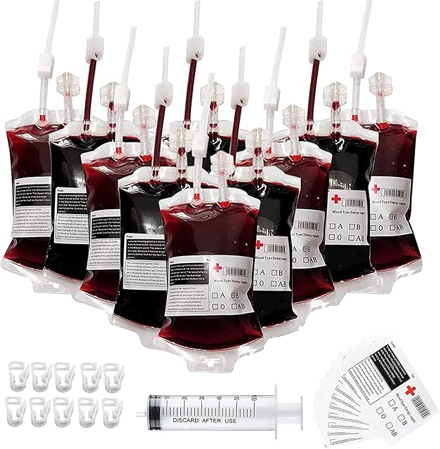 10 Pack Halloween Blood Drinking Bags, Blood Bag with Syringe Clips Blood Type Sticker, Reusable Blood Pouches, Blood Drinks Container for Halloween Zombie Cosplay Party