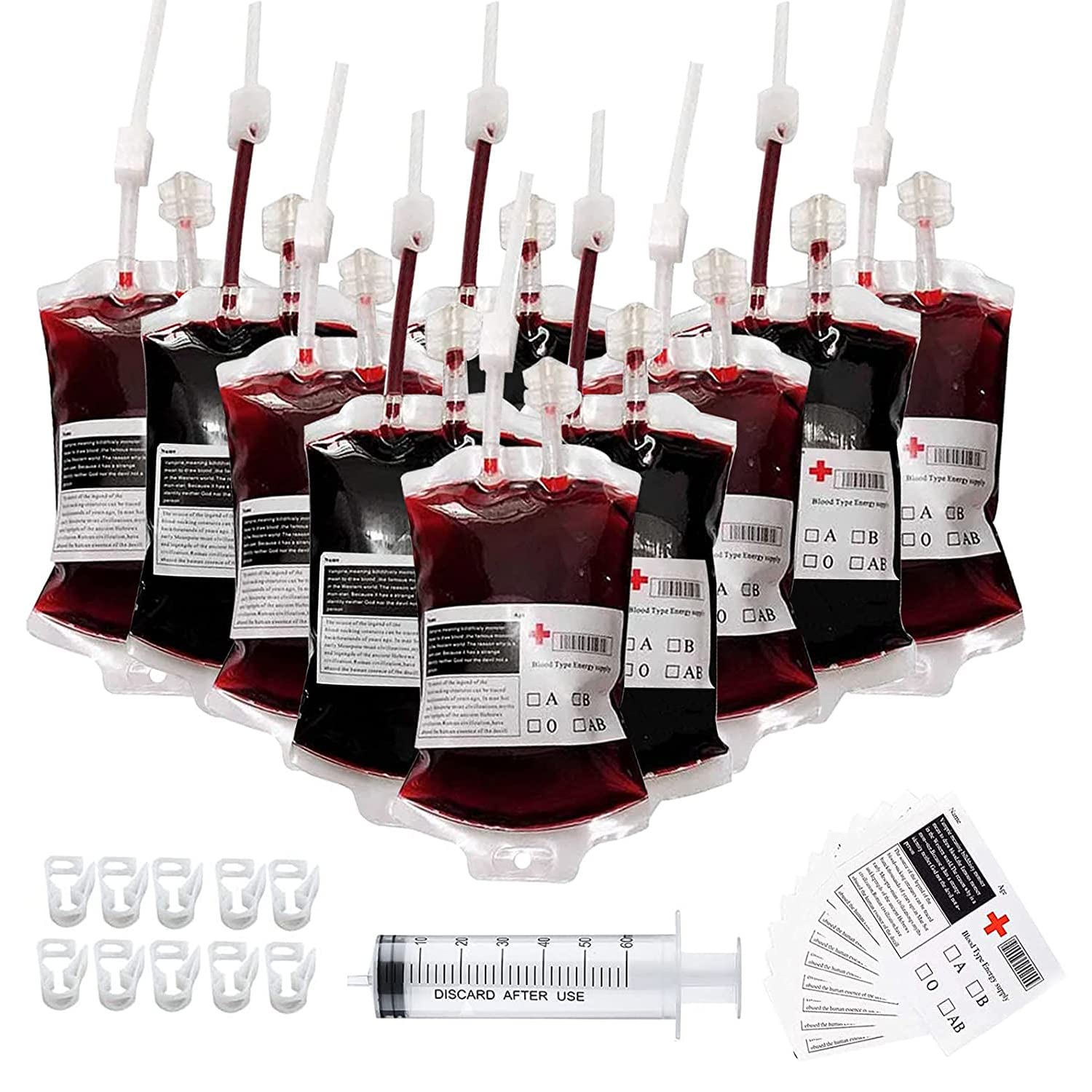 Yabonie 10 Pack Halloween Blood Drinking Bags, Blood Bag with Syringe Clips Blood Type Sticker, Reusable Blood Pouches