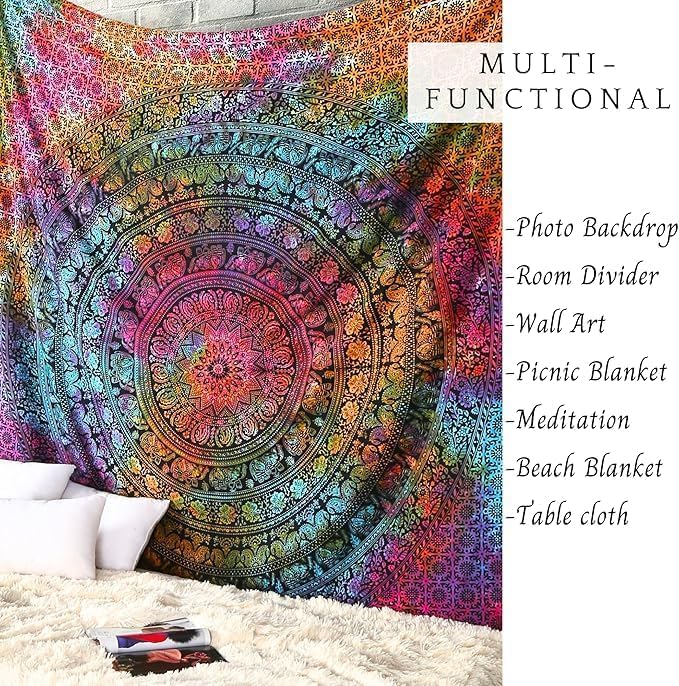 Image of Craft Trade 50x60 Inches Psychedelic Multi Cotton Mandala Ombre Wall Hanging Tapestry