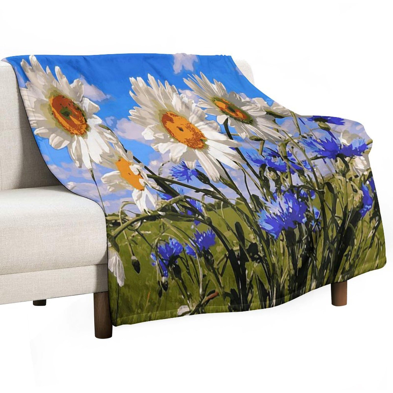 Couverture lit polaire fleurs blanches grand plaid canapé 178x203