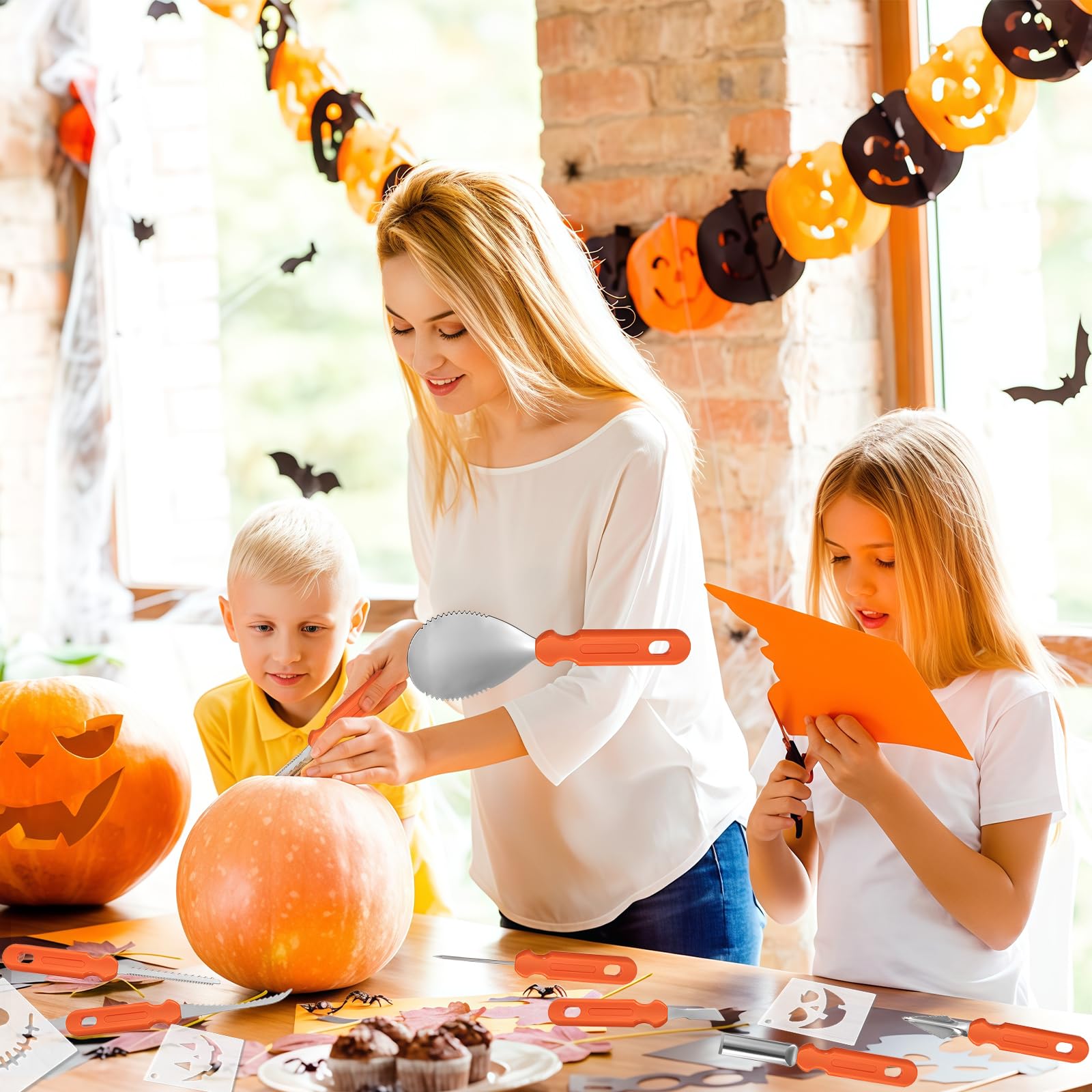 GWAWG 7 sztuk zestaw do wycinania dyni z 24 szablonami, zestaw do drążenia dyni, na dekoracje Halloween dla dzieci i rodziny