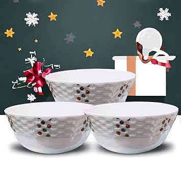 Melamine Serving Bowls for Snacks, Salad, Noodles, Rice, Vegetable Soup, Pasta Perfect for Daily use & Special Occasions Like Eid, Diwali, Christmas (Size 17.4cm X 7.4cm, White, Set of 3)