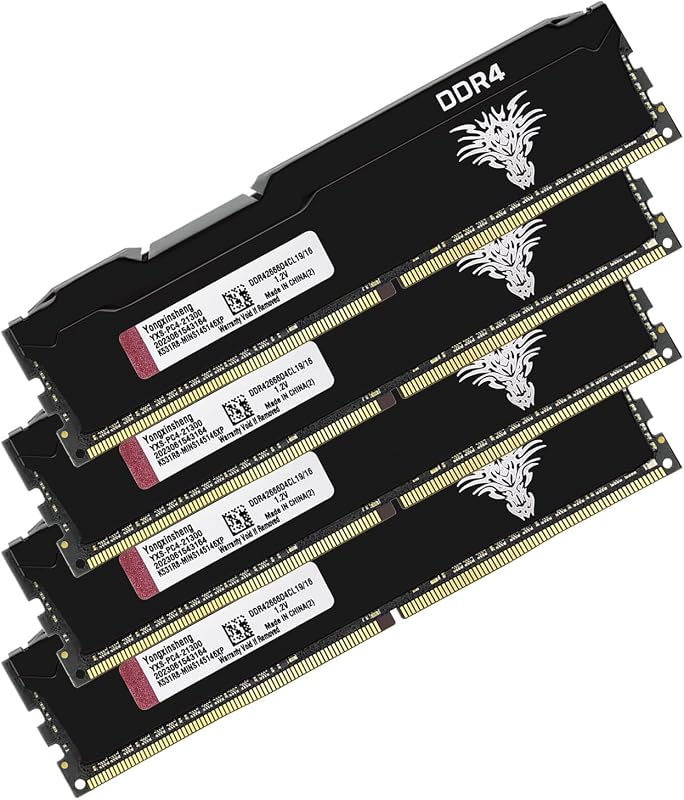 Yongxinsheng DDR4 64GB (4x16GB) Asztali Memória Kit 2666MHz PC4-21300 UDIMM RAM - Fekete, 1.2V, CL19, Számítógép Memória Bővítő Modul
