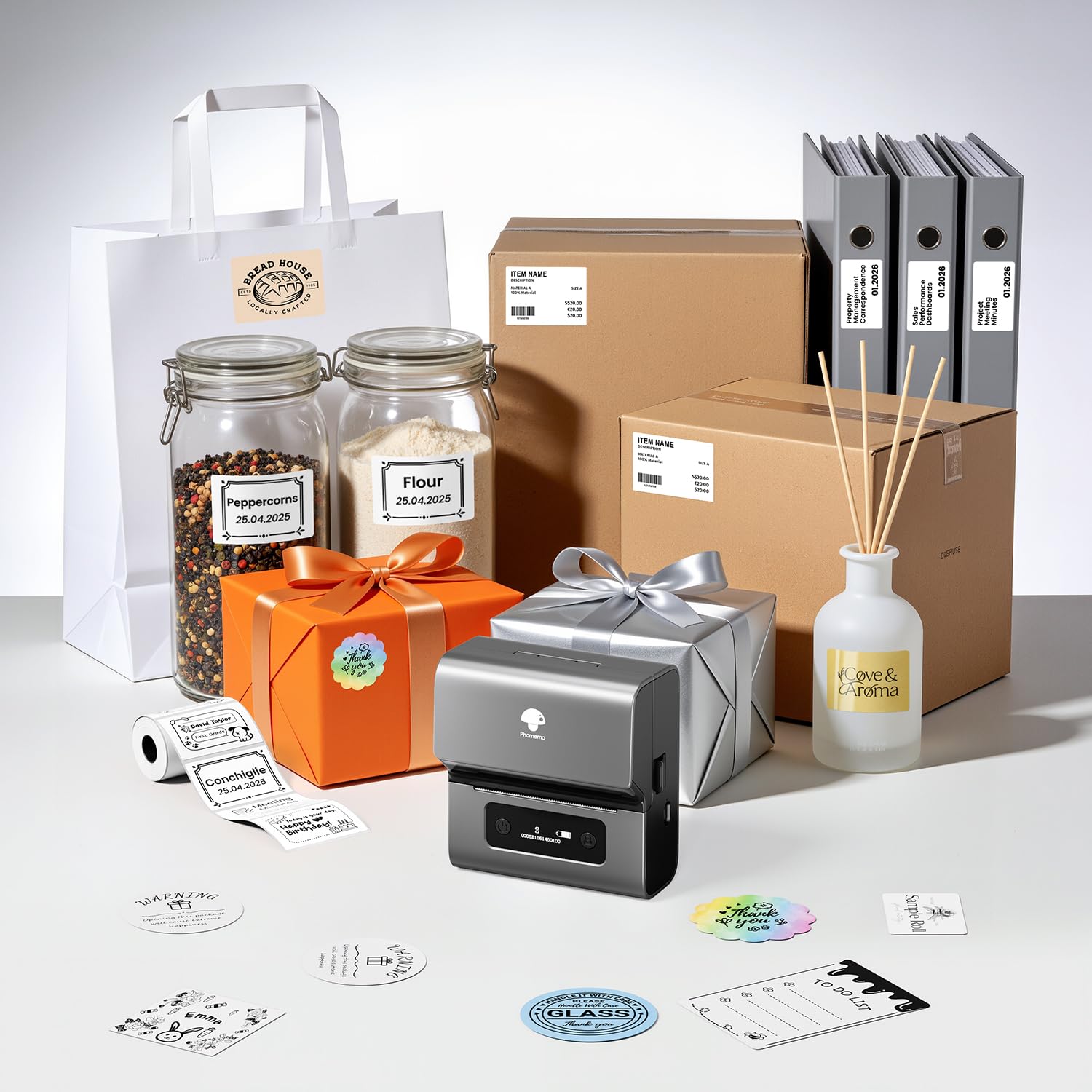 Phomemo M221 Etikettendrucker Bluetooth, Barcode Etikettendrucker, Beschriftungsgerät Unterstützung mit Phones&PC, Labeldrucker für Zuhause, Einzelhandel, QR-Code, Logos, Büro, Kleinunternehmen, Grau