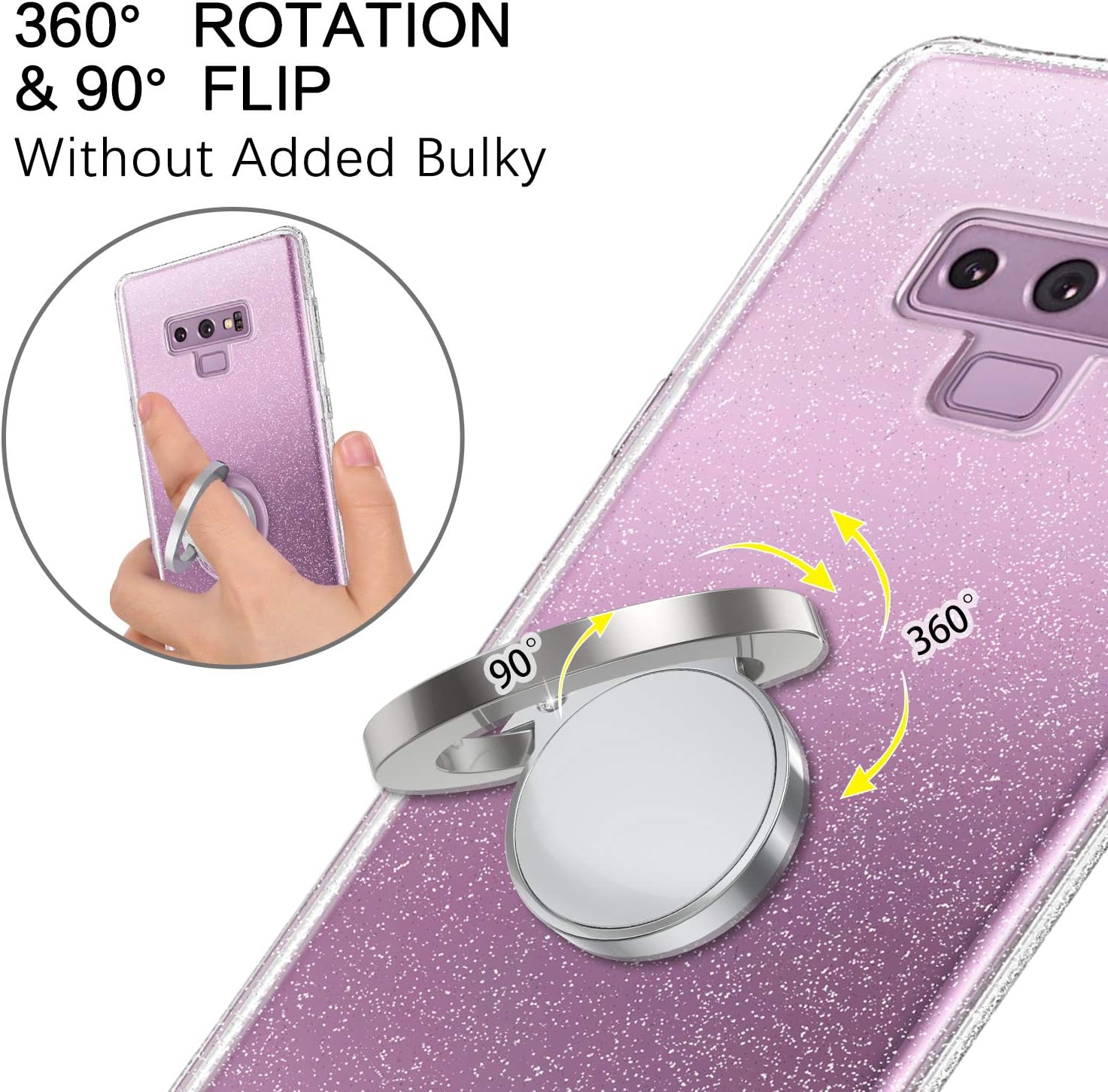 BENTOBEN Samsung Note 9 Case, Slim Fit Clear Rhinestone Bumper 360° Ring Holder Kickstand Soft Rubber Shockproof Cover Girls Women Protective Phone Case for Samsung Galaxy Note 9 (2018), Clear Glitter
