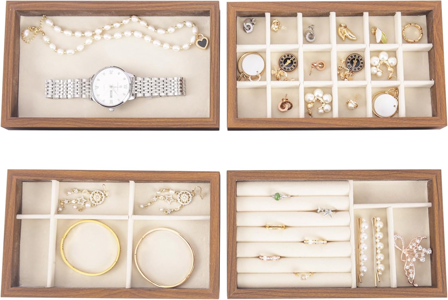 Wooden Jewelry Organizer Trays for Drawer, Stackable Jewelry Drawer Organizer Inserts, Set of 4 Jewelry Storage Flat Stacking Display Case Box for Rings Stud Necklaces(Beige)
