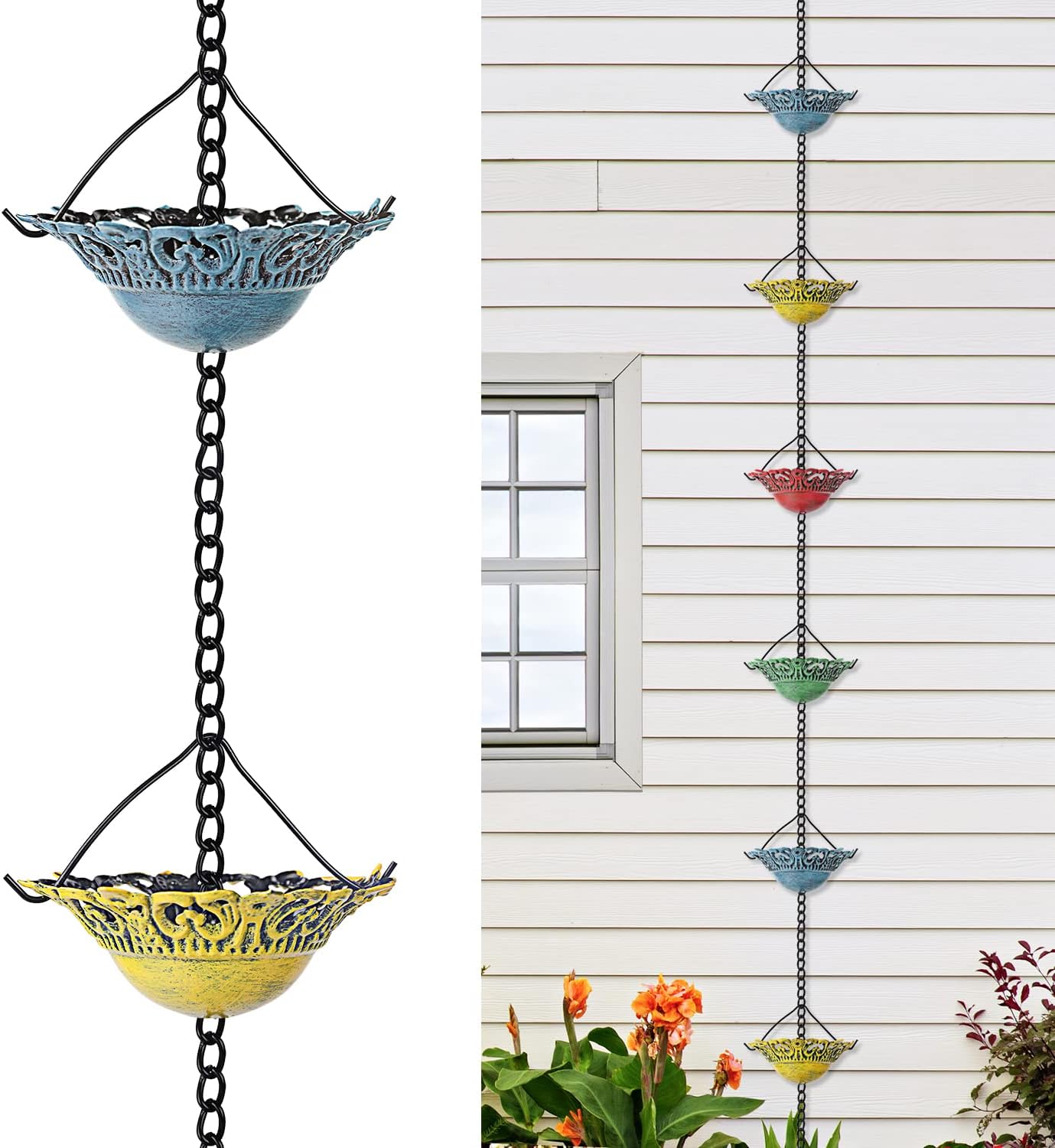 Rain Chain Gutter Downspout Colorful Catcher Outside Water Diverter Decorative Garden Rain Cups Chime Home Decor - 8 1/2 Ft Length