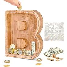 Wooden Letter Piggy Bank, Piggy Bank for Kids Boys Girls Toddler Large 26 Alphabet Money Bank Personalized Custom Name Transparent Saving Coin Bank, Childrens Day Gift, Birthday Gift- B