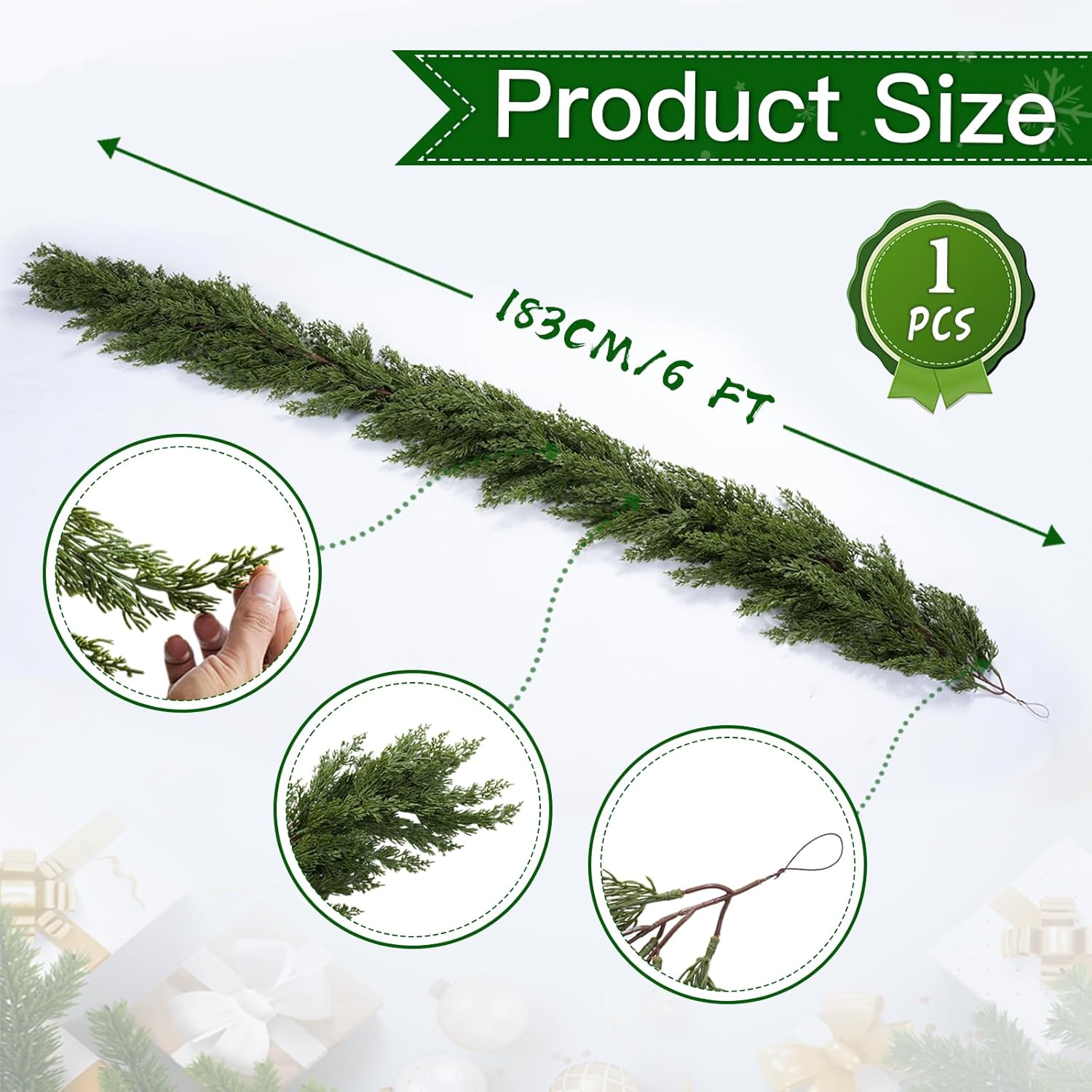 6FT Christmas Cedar Garland with Lights Artificial Realistic Faux Real Touch Greenery Garland Mantle Stairs Fireplace Porch Table Wall Decor Outdoor Indoor Home Decorations (Battery Not Included) 6FT Cedar Garland