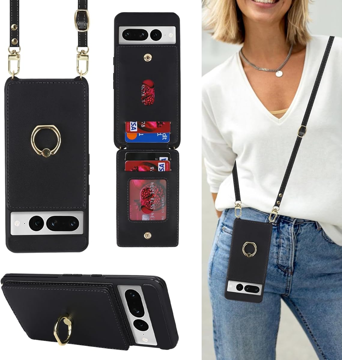 for Google Pixel 7 Pro Case with Card Holder and Strap for Women,Crossbody Lanyard,Ring Stand,Snap Clasp,Phone Wallet Cases 6.7 inch(Black)